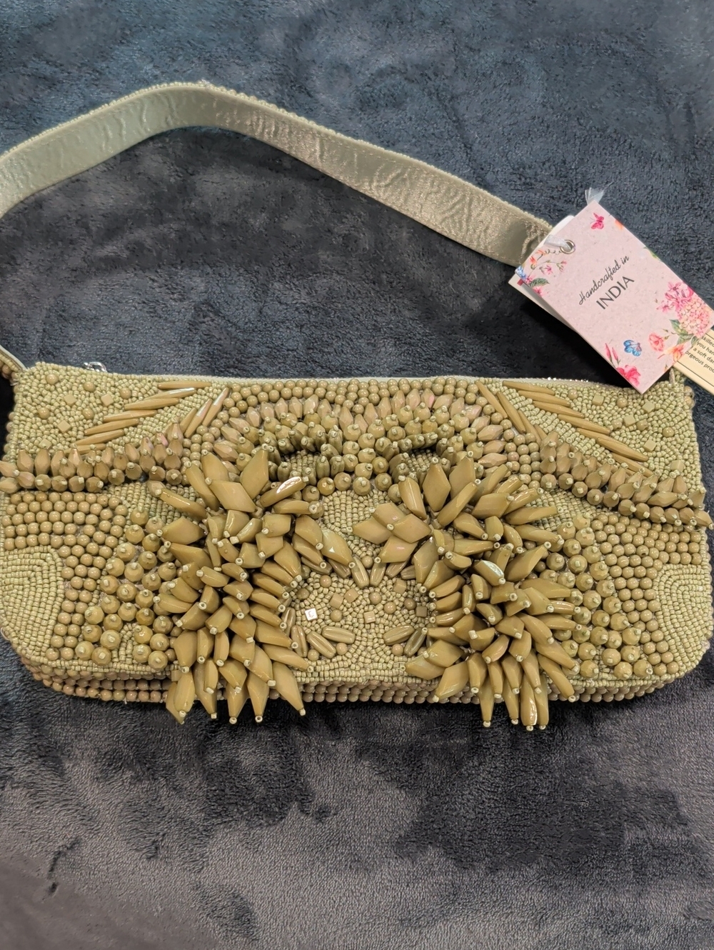 Hand-Beaded Floral Cluster Shoulder Bag in Olive